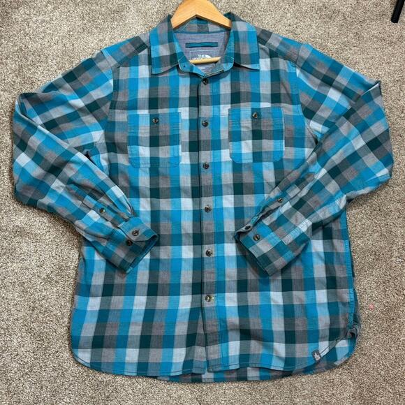 The North Face Men’s Blue Long Button Front Collared Shirt Plaid Outdoors Large - Picture 1 of 8